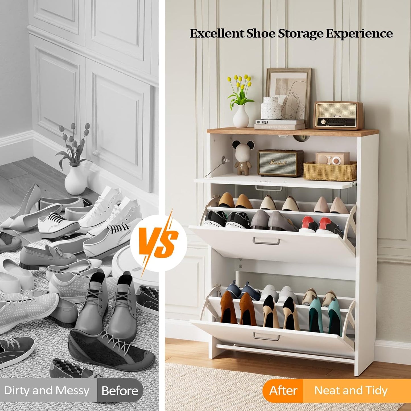 Shoe Cabinet Storage for Entryway Ultra Slim with 2 Flip &1Drop-Down Drawers