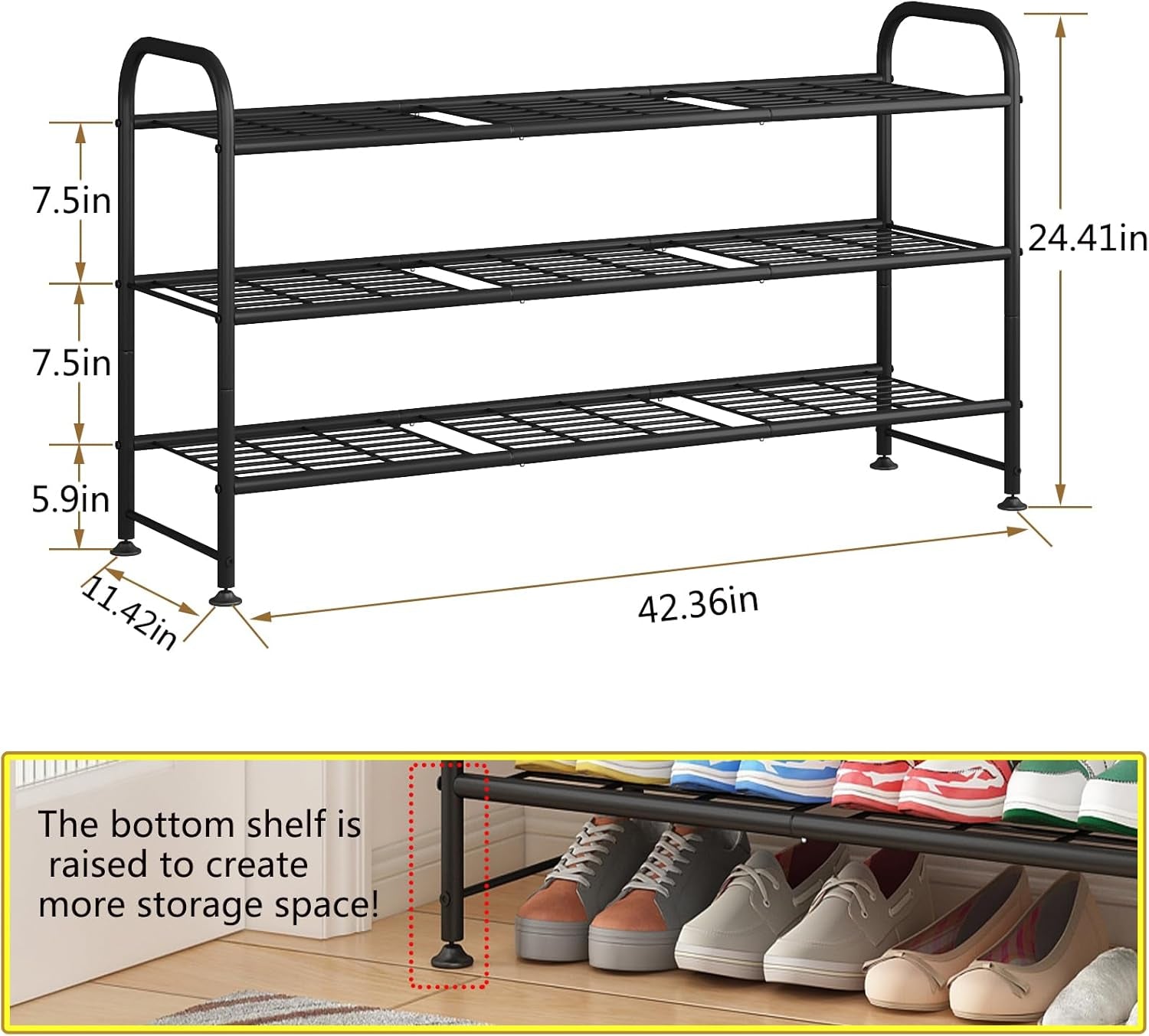 Shoe Rack 3 Tier Long Metal Shoe Organizer for Closet Entryway Black