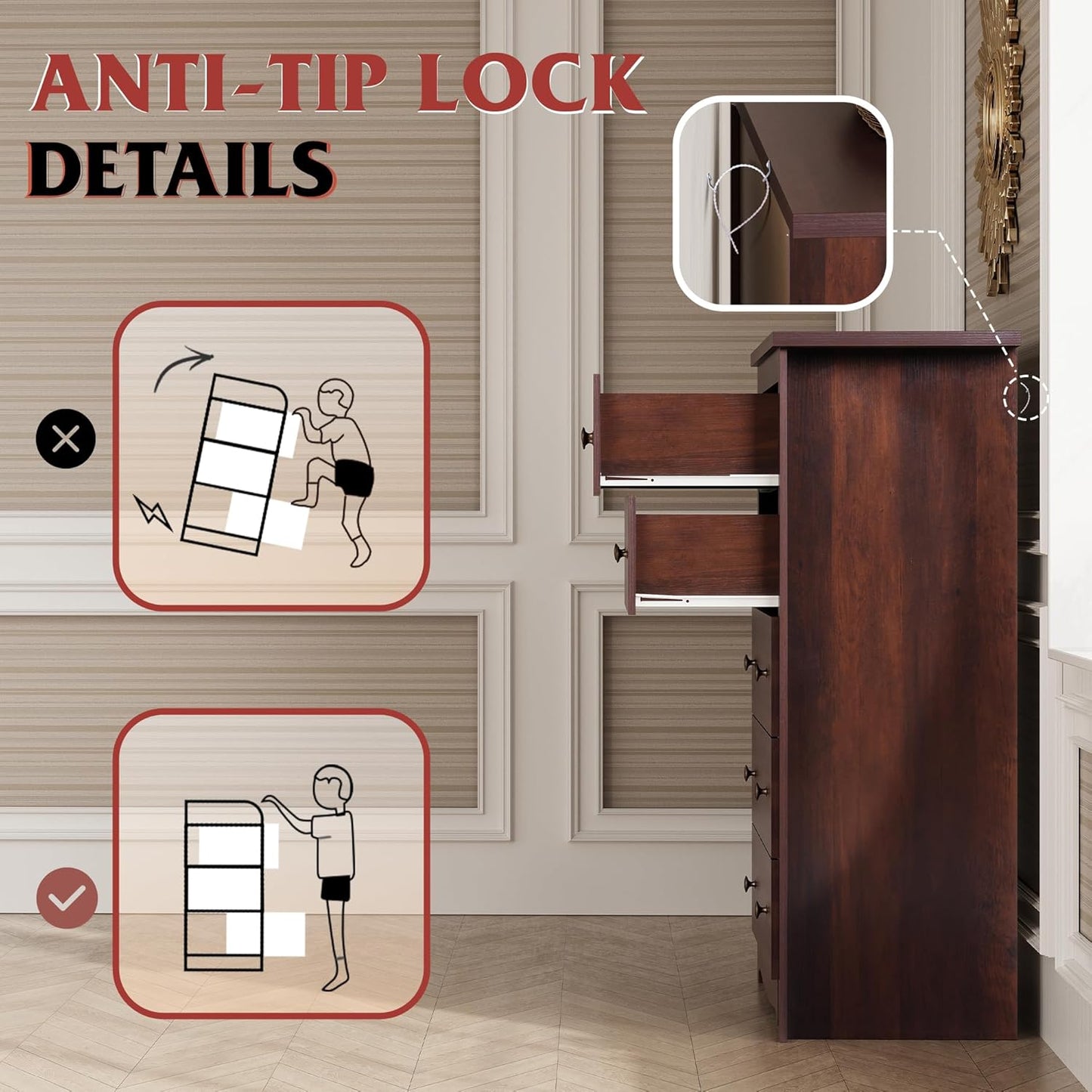 Wood Dresser with 5 Drawers, Rustic Brown Wooden Storage Cabinet for Bedroom, Modern Organizer Drawers and Closet Dresser for Hallway, Closet, Measuring 15.75" W*31.50" D*45.35" H