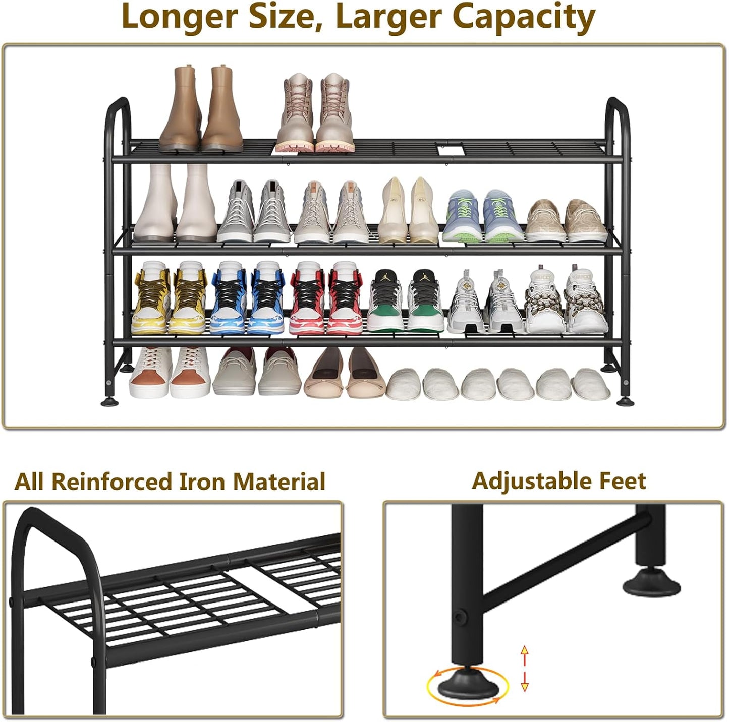 Shoe Rack 3 Tier Long Metal Shoe Organizer for Closet Entryway Black