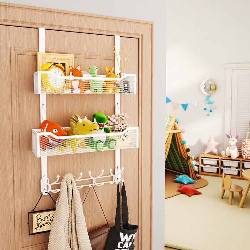 Over the Door Hooks Organizer - Multi-Functional Door Hanger with 16 Hooks & 2 Mesh Baskets, Long over Door Coat Rack for Bathroom, Bedroom, Living Room, Home Door Storage Organizer
