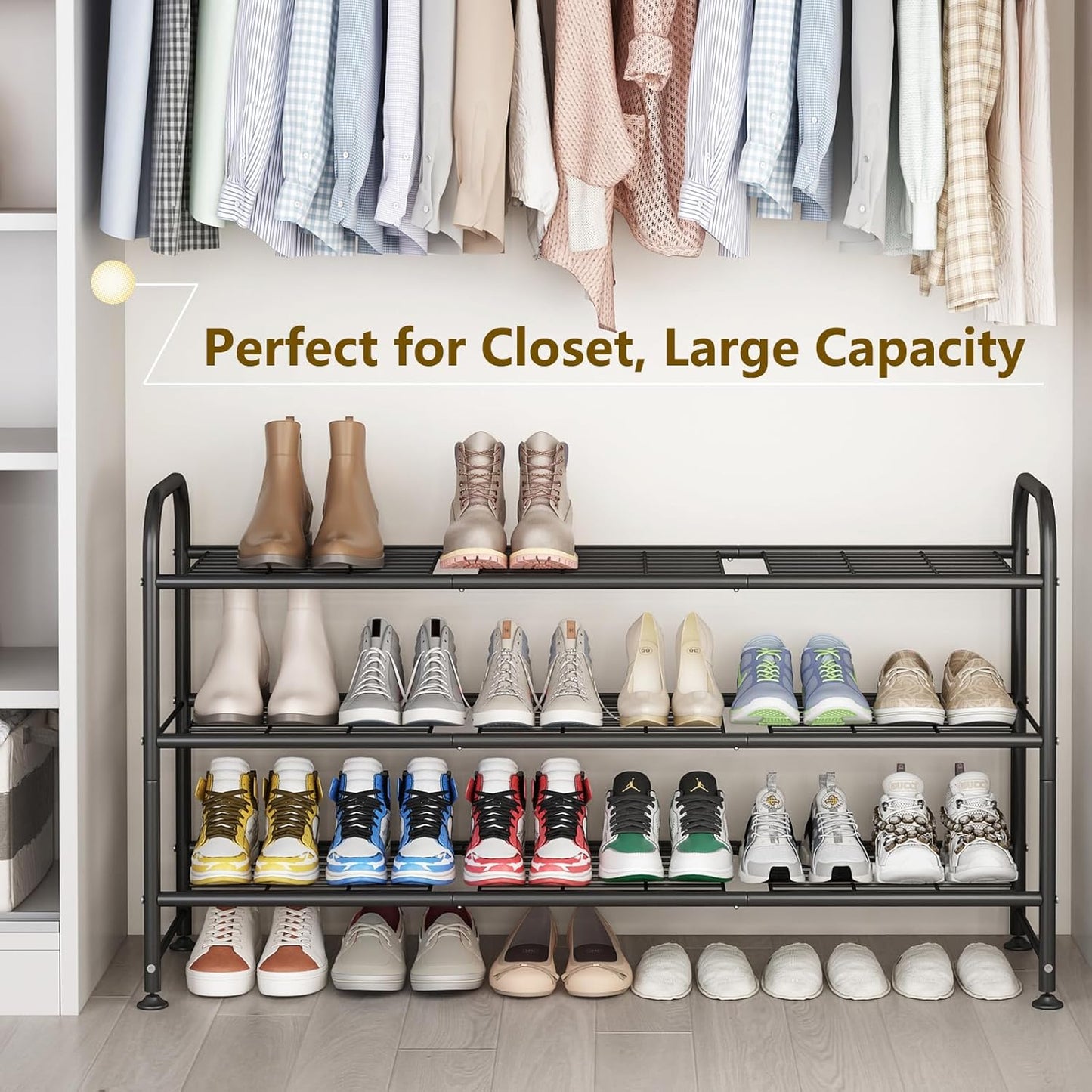 Shoe Rack 3 Tier Long Metal Shoe Organizer for Closet Entryway Black