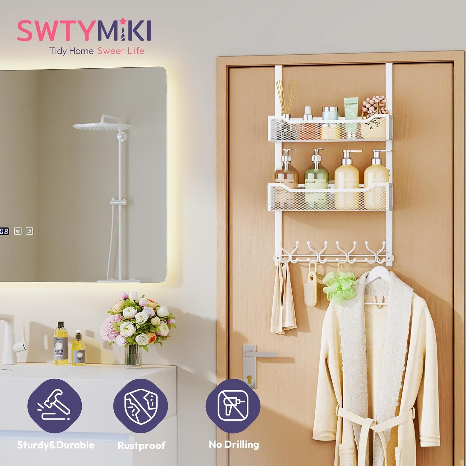 Over the Door Hook with 16 Hooks & 2 Mesh Baskets - Heavy Duty over the Door Org