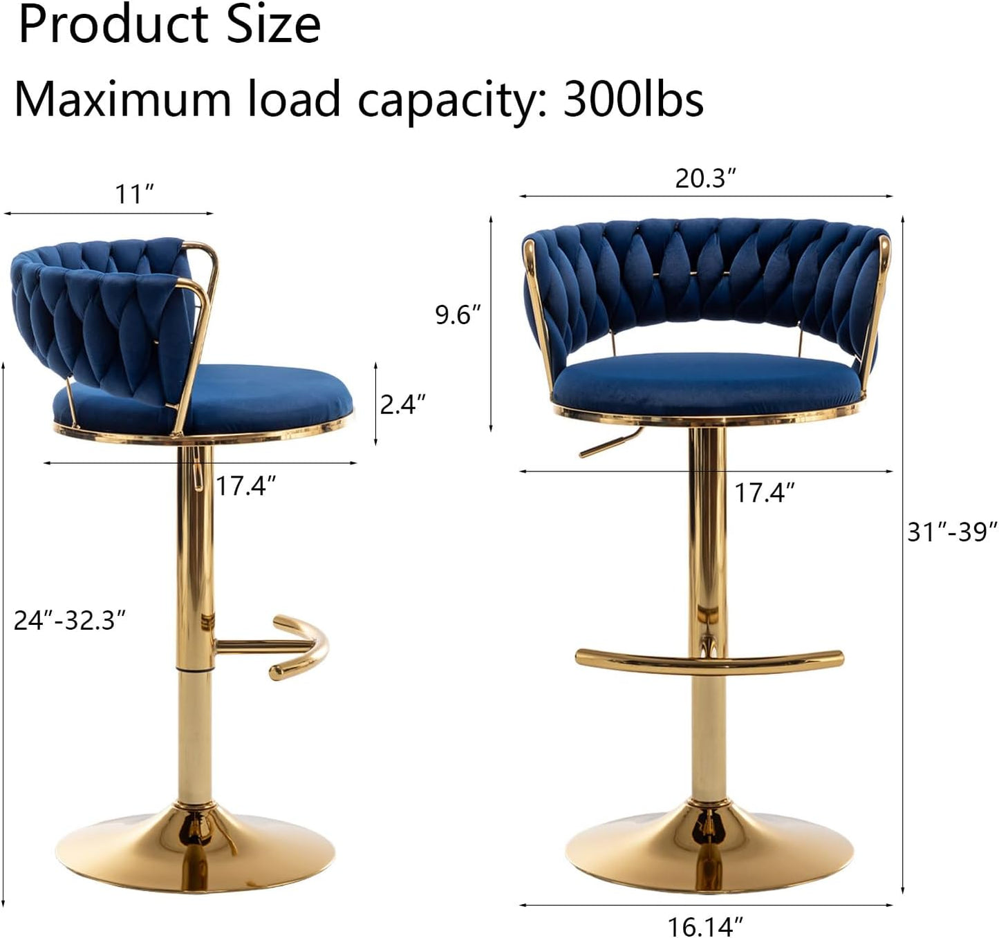Velvet Bar Stools Set of 3, Counter Height Barstools with Low Back, Gold Swivel Bar Stool for Kitchen Island, Pub (Blue)