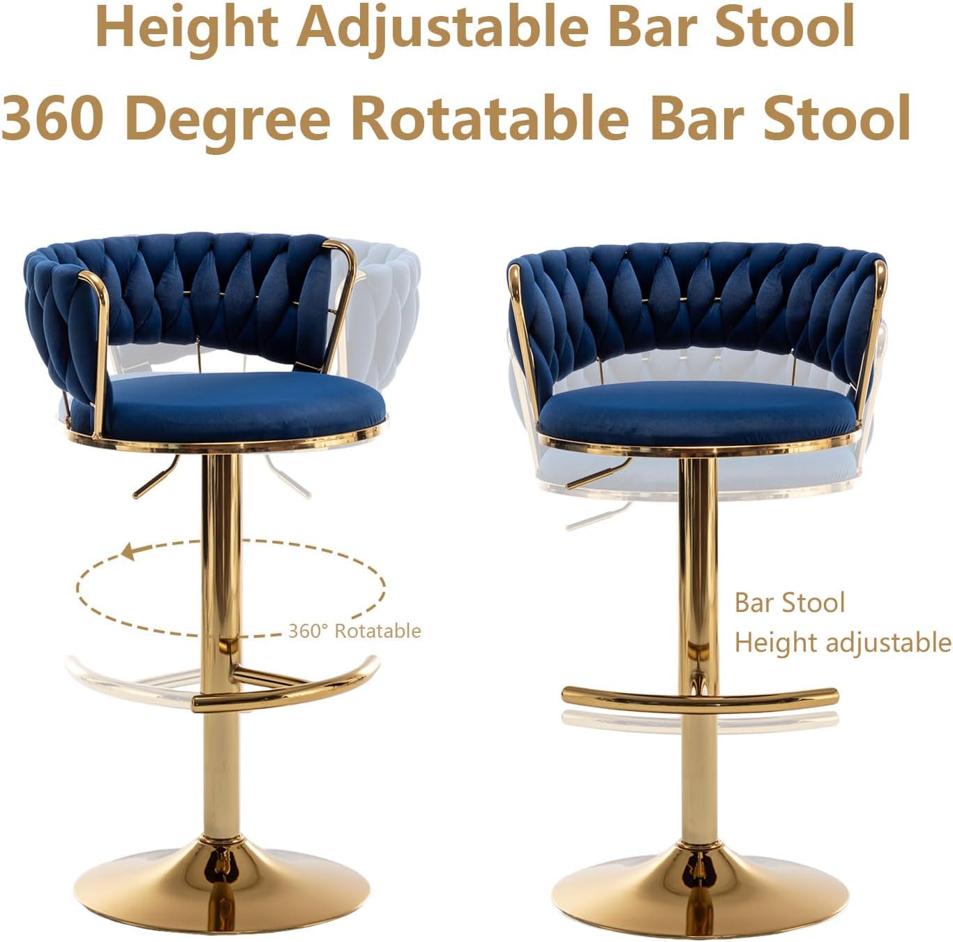 Velvet Bar Stools Set of 3, Counter Height Barstools with Low Back, Gold Swivel Bar Stool for Kitchen Island, Pub (Blue)