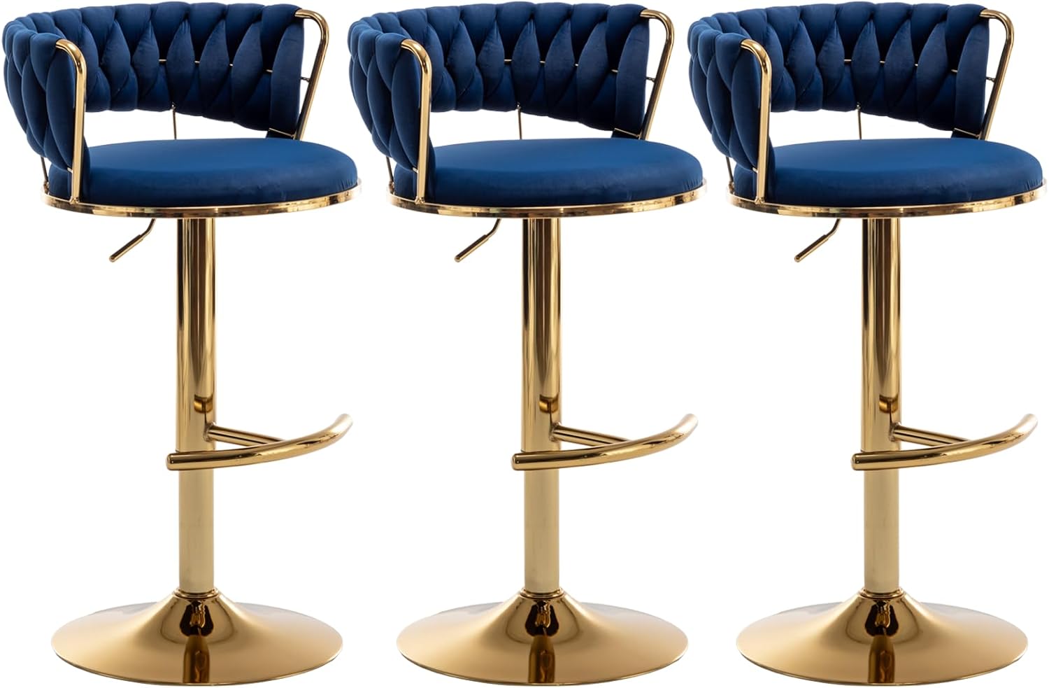 Velvet Bar Stools Set of 3, Counter Height Barstools with Low Back, Gold Swivel Bar Stool for Kitchen Island, Pub (Blue)