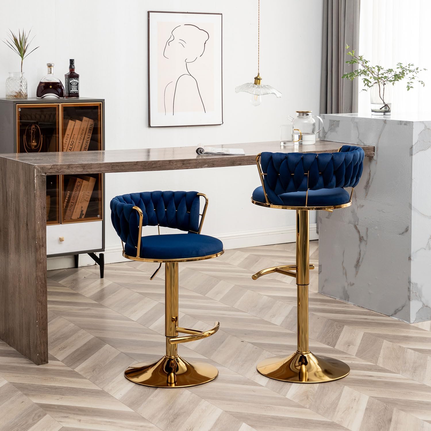 Velvet Bar Stools Set of 3, Counter Height Barstools with Low Back, Gold Swivel Bar Stool for Kitchen Island, Pub (Blue)