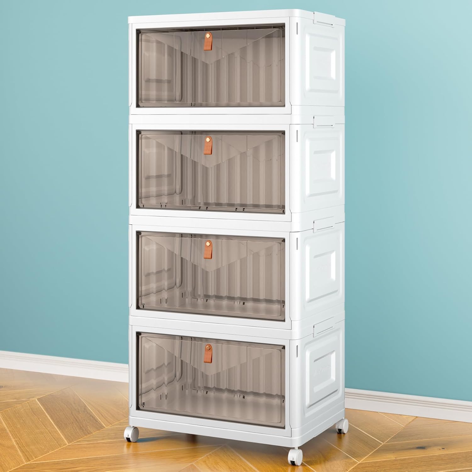4 Tier Storage Bins with Lids, 23QT Stackable Closet Organizers and Storage with Wheels