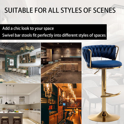 Velvet Bar Stools Set of 3, Counter Height Barstools with Low Back, Gold Swivel Bar Stool for Kitchen Island, Pub (Blue)