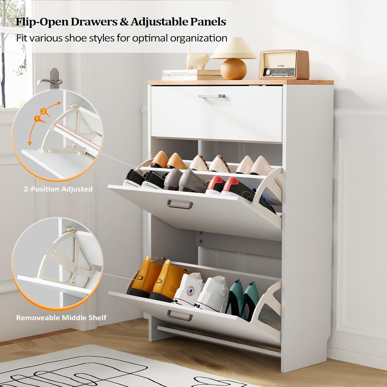 Shoe Cabinet Storage for Entryway Ultra Slim with 2 Flip &1Drop-Down Drawers