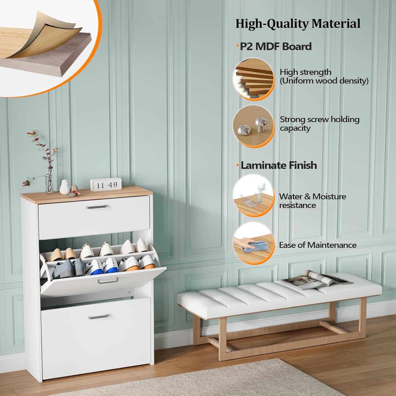 Shoe Cabinet Storage for Entryway Ultra Slim with 2 Flip &1Drop-Down Drawers