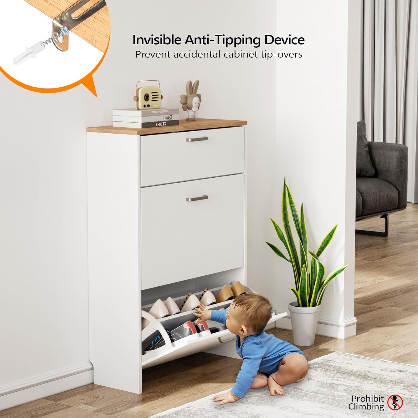 Shoe Cabinet Storage for Entryway Ultra Slim with 2 Flip &1Drop-Down Drawers