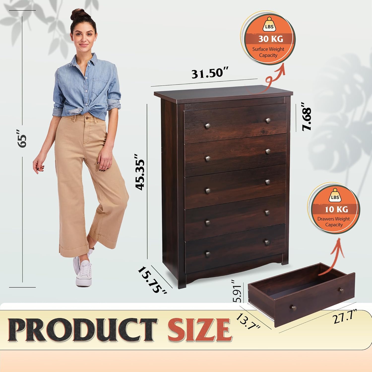 Wood Dresser with 5 Drawers, Rustic Brown Wooden Storage Cabinet for Bedroom, Modern Organizer Drawers and Closet Dresser for Hallway, Closet, Measuring 15.75" W*31.50" D*45.35" H