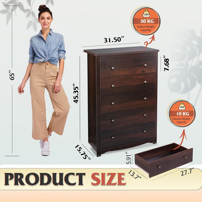 Wood Dresser with 5 Drawers, Rustic Brown Wooden Storage Cabinet for Bedroom, Modern Organizer Drawers and Closet Dresser for Hallway, Closet, Measuring 15.75" W*31.50" D*45.35" H