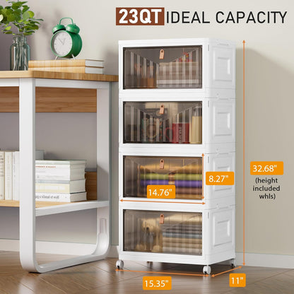 4 Tier Storage Bins with Lids, 23QT Stackable Closet Organizers and Storage with Wheels