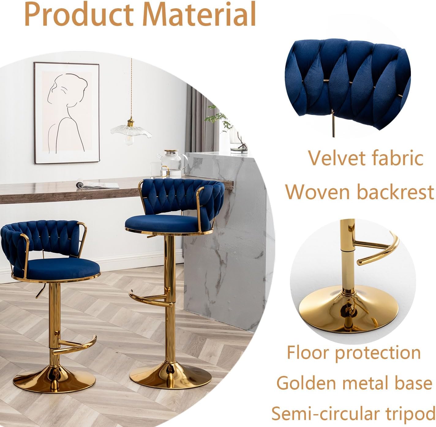 Velvet Bar Stools Set of 3, Counter Height Barstools with Low Back, Gold Swivel Bar Stool for Kitchen Island, Pub (Blue)