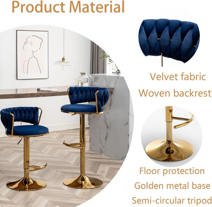 Velvet Bar Stools Set of 3, Counter Height Barstools with Low Back, Gold Swivel Bar Stool for Kitchen Island, Pub (Blue)