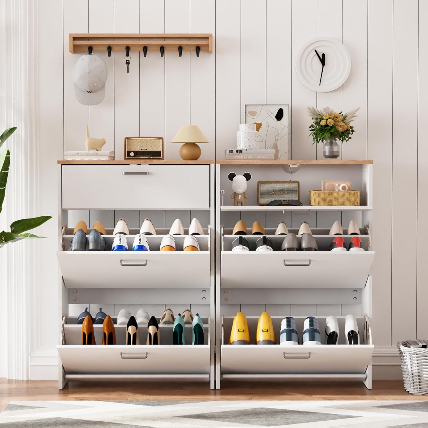 Shoe Cabinet Storage for Entryway Ultra Slim with 2 Flip &1Drop-Down Drawers