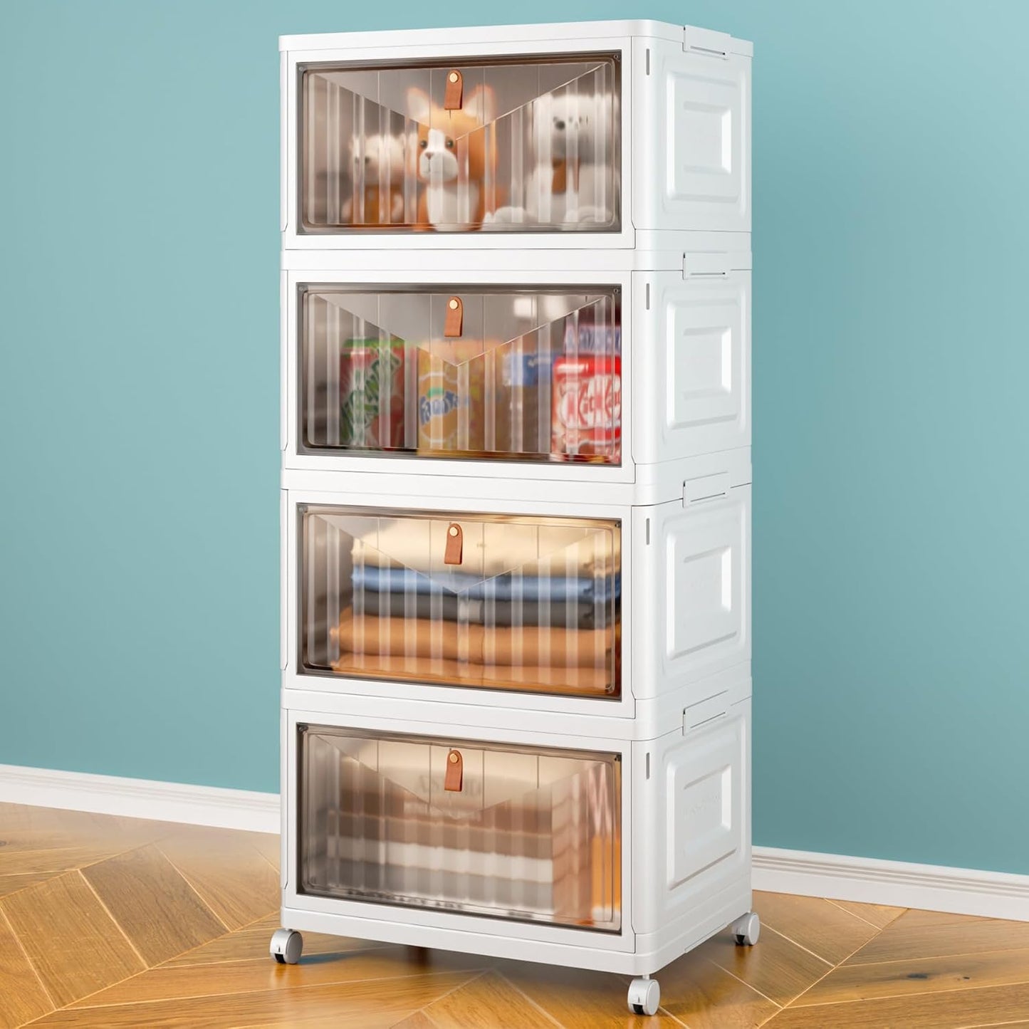 4 Tier Storage Bins with Lids, 23QT Stackable Closet Organizers and Storage with Wheels