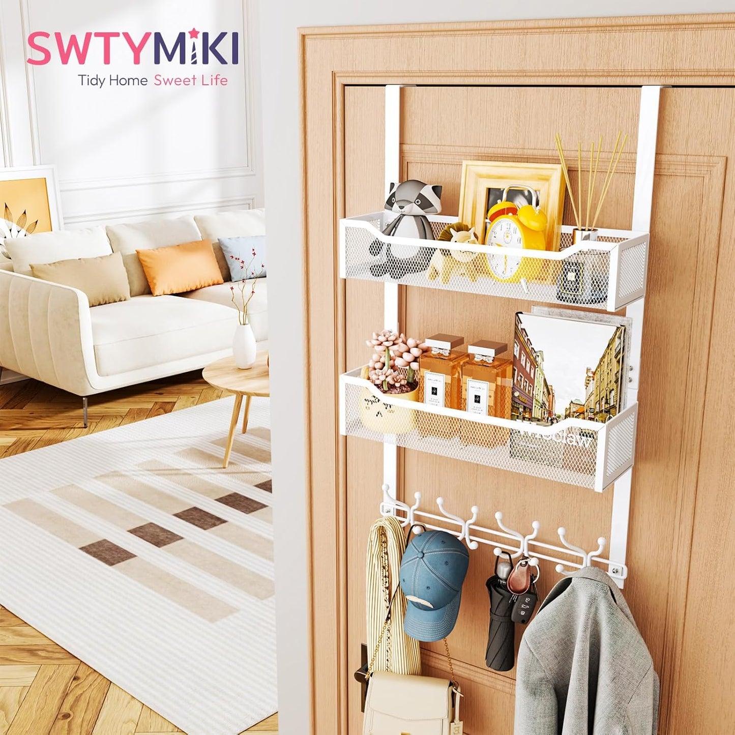 Over the Door Hook with 16 Hooks & 2 Mesh Baskets - Heavy Duty over the Door Org