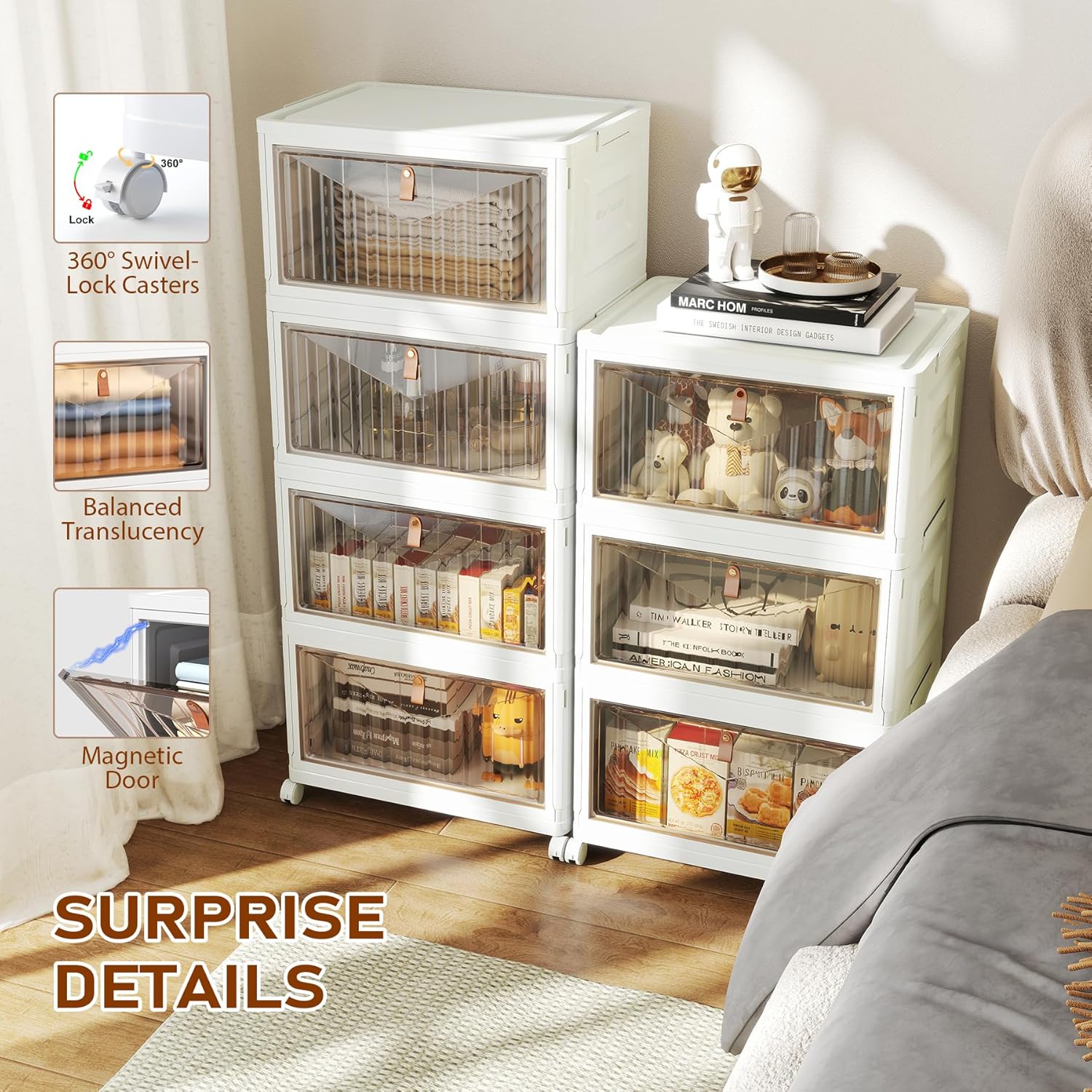 4 Tier Storage Bins with Lids, 23QT Stackable Closet Organizers and Storage with Wheels