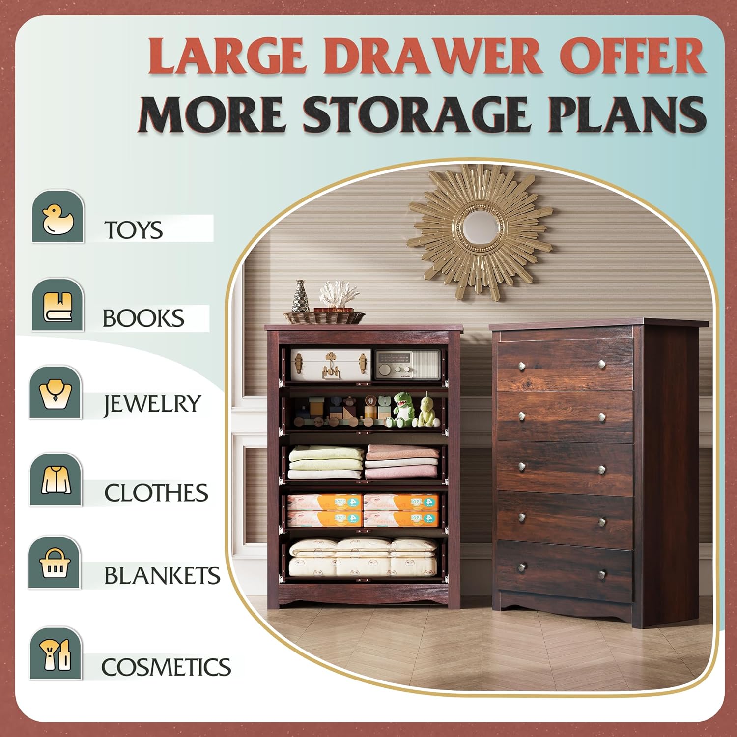 Wood Dresser with 5 Drawers, Rustic Brown Wooden Storage Cabinet for Bedroom, Modern Organizer Drawers and Closet Dresser for Hallway, Closet, Measuring 15.75" W*31.50" D*45.35" H