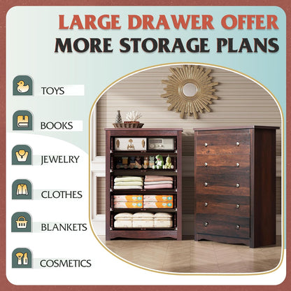 Wood Dresser with 5 Drawers, Rustic Brown Wooden Storage Cabinet for Bedroom, Modern Organizer Drawers and Closet Dresser for Hallway, Closet, Measuring 15.75" W*31.50" D*45.35" H