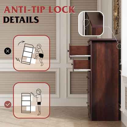 Wood Dresser with 5 Drawers, Rustic Brown Wooden Storage Cabinet for Bedroom, Modern Organizer Drawers and Closet Dresser for Hallway, Closet, Measuring 15.75" W*31.50" D*45.35" H