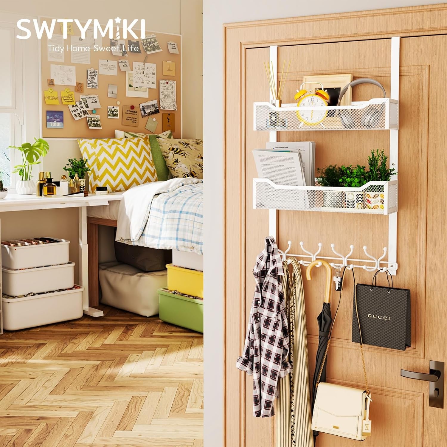 Over the Door Hook with 16 Hooks & 2 Mesh Baskets - Heavy Duty over the Door Org