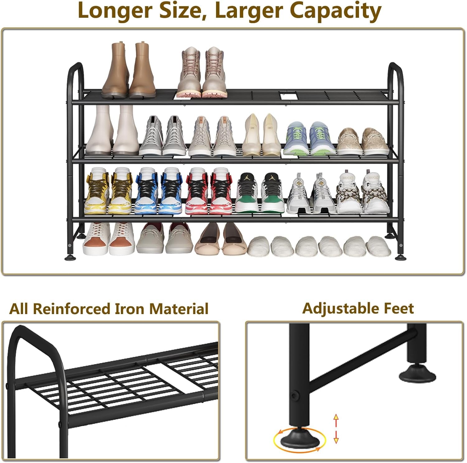 Shoe Rack 3 Tier Long Metal Shoe Organizer for Closet Entryway Black