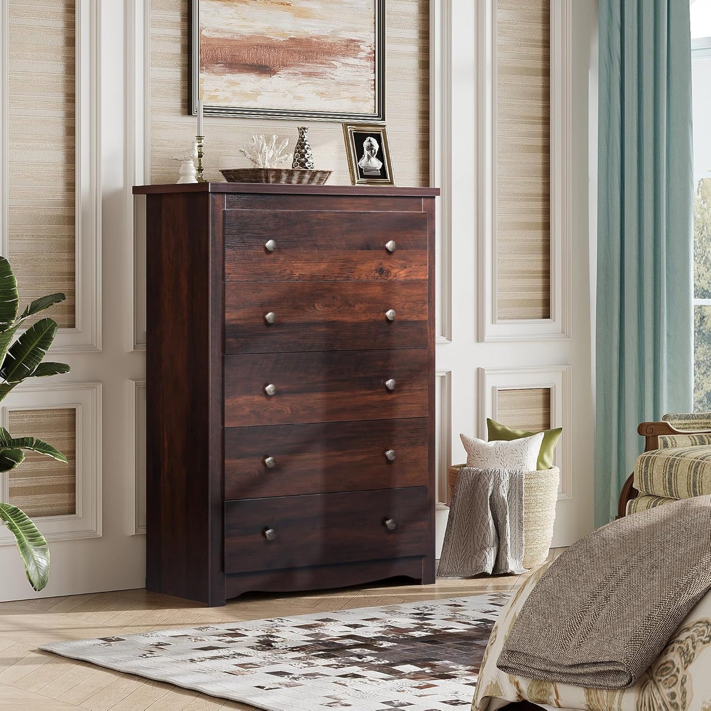 Wood Dresser with 5 Drawers, Rustic Brown Wooden Storage Cabinet for Bedroom, Modern Organizer Drawers and Closet Dresser for Hallway, Closet, Measuring 15.75" W*31.50" D*45.35" H