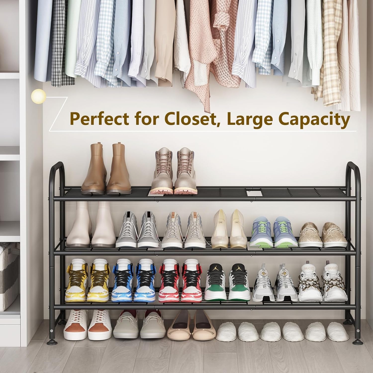 Shoe Rack 3 Tier Long Metal Shoe Organizer for Closet Entryway Black